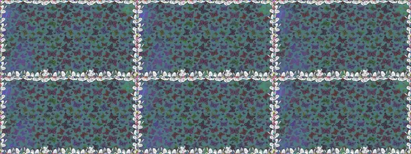 Parmak izi dokuları için sevimli kelebek deseni. Giysi tasarımı için dekor arka planı. Raster illüstrasyonu. Mavi, kahverengi ve gri kelebek deseni.