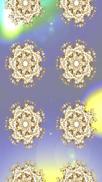 Kar tanelerinin soyut arkaplanlı Noel şablonu. Raster illüstrasyonu. Noel ve yeni yıl moda baskıları için tatil tasarımı. Altın renkler.