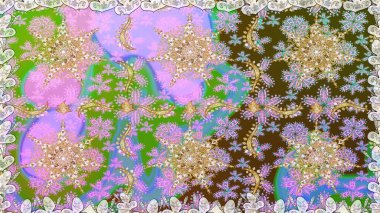 Süslü dekorasyon. Damask altın soyut çiçek nötr renklerde pürüzsüz desen. Raster illüstrasyonu.