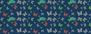 Web sayfası geçmişleri, duvar kağıtları, tekstil ve yüzey dokuları için mükemmel. Şirin Raster çizimi. Kelebekler çizim kalıbını mavi renklerle çizerler.