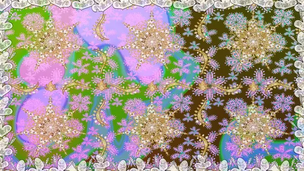 Süslü dekorasyon. Damask altın soyut çiçek nötr renklerde pürüzsüz desen. Raster illüstrasyonu.