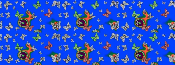 Mavi renkte güzel renkli kelebekler. Çizim kalıbı. Raster illüstrasyonu. Kumaş, tekstil, baskı ve davet için arkaplan.
