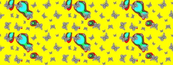 Raster illüstrasyonu. Kelebekli tasarım. Sarı arka planda kelebekler. Robot resim. Çizim, karalama, karalama. Sonsuz.