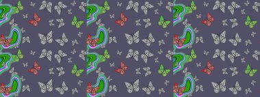 Çocuk kelebek çizim kalıbı. Raster. Gri renkli sanat kelebekleri. Kağıt, kumaş, ambalaj kağıdı ve duvar kağıdı tasarımı için sevimli bir arkaplan.