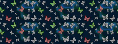 Kağıt, kumaş ve ambalaj için uygun. Raster. Çizim kalıbı. Mavi sevimli arka planda kelebekler.