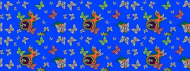 Mavi renkte güzel renkli kelebekler. Çizim kalıbı. Raster illüstrasyonu. Kumaş, tekstil, baskı ve davet için arkaplan.