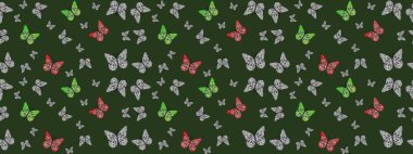 Raster illüstrasyonu. Tekstil, duvar kâğıtları, web sayfası arkaplanları ve yüzey dokuları için mükemmel. Tropikal temalı kelebek deseni. Yeşil renkte sevimli kelebek çizim deseni.