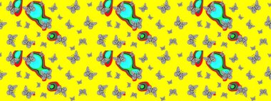 Raster illüstrasyonu. Kelebekli tasarım. Sarı arka planda kelebekler. Robot resim. Çizim, karalama, karalama. Sonsuz.