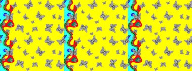 Çizim kalıbı. Kumaş, tekstil, baskı ve davetiye için arka plan. Raster illüstrasyonu. Sarı renkte güzel renk kelebekleri.