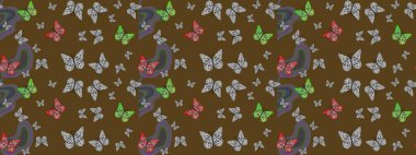 Giysi tasarımı için kahverengi arka planda geleneksel Raster halk çiçekleri dekoru. Nakış, egzotik kelebeklerle süslü çiçek eskiz deseni. Kart, yazdırma, davet için basit şirin desen.