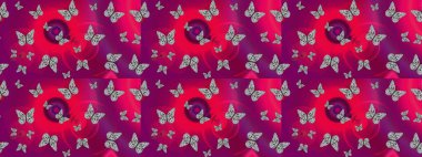 Sonsuz. Raster illüstrasyonu. Bahar Kelebeği teması. Giysi kumaşı için böcek dokusu parçası tekrarlanıyor. Çizim, karalama, karalama. Mor üzerine güzel bir kelebek kumaşı çizimi.