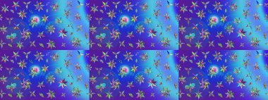 Mavi renkli bitkilerden oluşan parlak çiçekli çizim deseni.