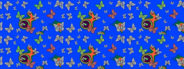 Mavi renkte güzel renkli kelebekler. Çizim kalıbı. Raster illüstrasyonu. Kumaş, tekstil, baskı ve davet için arkaplan.