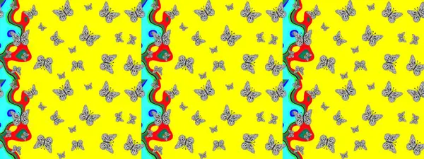 Çizim kalıbı. Kumaş, tekstil, baskı ve davetiye için arka plan. Raster illüstrasyonu. Sarı renkte güzel renk kelebekleri.