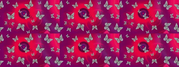 Sonsuz. Raster illüstrasyonu. Bahar Kelebeği teması. Giysi kumaşı için böcek dokusu parçası tekrarlanıyor. Çizim, karalama, karalama. Mor üzerine güzel bir kelebek kumaşı çizimi.