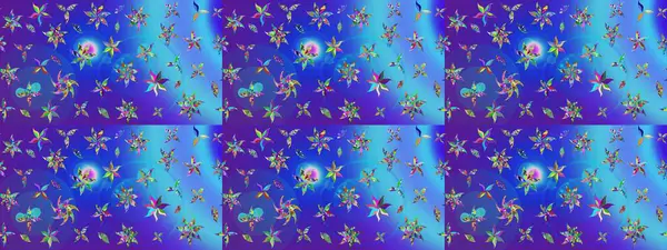 Mavi renkli bitkilerden oluşan parlak çiçekli çizim deseni.