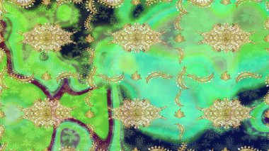 Tekrarlayan elementlerle soyut arkaplan oluşturun. Altın elementli yeşil renklerde altın eskiz deseni. Klasik altın desenli eskiz. Raster illüstrasyonu.