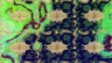 Altın elementlerle yeşil renklerde altın desen. Raster oryantal süs. Altın deseni çiz.