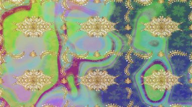 Hassas altın deseni açın. Parlak dantel, stilize çiçekler, şal desenli. Altın desenli bukleler çiz. Doğu tarzı arabesk. Raster. Tarafsız renklerde altın elementlerle çizim deseni.