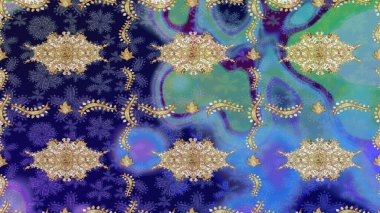 Altın şablonu çiz. Çiçek desenli altın metal. Raster altın çiçek süsü brokar kumaş ve cam desenli. Altın elementli mavi renkler.