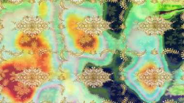 Süslü raster dekorasyonu. Barok tarzında duvar kâğıdı tasarımı için eskiz şablonu arka planı. Altın elementlerle nötr renklerde altın desen.