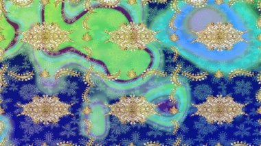 Mavi renkte altın bir element. Damask arkaplanı. Barok tarzında altın çiçekli süs. Altın çiçekli çizim şekli.