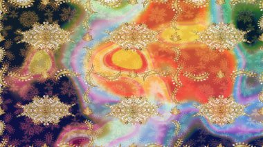 Çiçek süslemeli Raster eskiz deseni. Bej renkli geleneksel Arapça dekor. Duvar kâğıdı için altın süslü bir illüstrasyon. Süslü dantel iz sürücü. Doğu tarzında vintage tasarım ögesi.