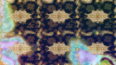 Altın elementlerle mavi renklerde altın desen. Raster oryantal süs. Altın deseni çiz.