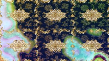 Altın elementli mavi renklerde altın eskiz deseni. Tekrarlayan elementlerle soyut arkaplan oluşturun. Raster illüstrasyonu. Sketch damask klasik altın desen.