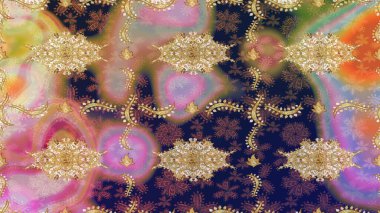 Eskiz oryantal klasik altın desen. Bej rengi üzerinde altın tekrarlayan elementler içeren Raster soyut arkaplanı.