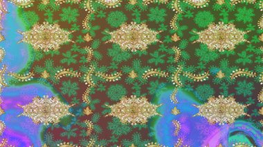 Altın elementlerle yeşil renklerde altın desen. Altın şablonu çiz. Raster doğulu süsü.