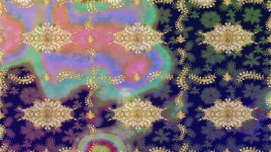 Damask çizim kalıbı arka planı tekrarlıyor. Mavi renklerdeki altın element. Barok tarzında altın çiçek süsü. Antika altın tekrarlanabilir duvar kağıdı.