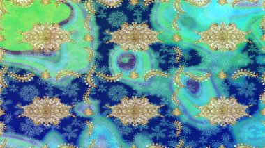 Klasik klasik klasik arka plan. Mavi renkler ve altın elementler üzerine çizim. Raster illüstrasyonu. Klasik Raster altın desenini çiz. Geleneksel oryantasyon süsü.