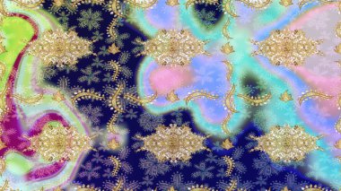 Altın şablonu çiz. Mavi renkler ve altın elementler üzerine çizim. Raster doğulu süsü.