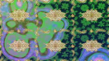 Paisley 'ler zarif çiçek desenli eskiz arka plan duvar kâğıdı çizimi klasik tarz, modern 3D çizgili sanat eseri altın ve yeşil desenli çiçek yaprakları ve süslemeleri..