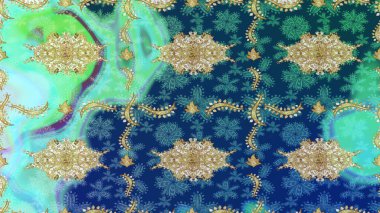 Raster klasik barok çiçek deseni altın rengi. Lüks, kraliyet ve Viktorya dönemi konsepti. Altın elementlerle mavi renklerde altın desen. Süsleme.