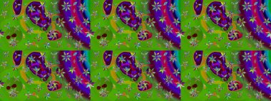 Raster Çiçek İllüstrasyonu 'nun şirin tekstili. Yeşil renkli etnik çiçeklerle zarif eskiz deseni.