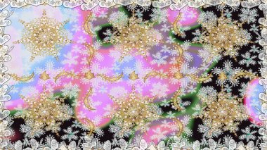 Doğum günü kartı, davetiye ya da afiş için iyidir. Kusursuz ortaçağ çiçek deseni. Dekoratif simetri arabesk. Raster illüstrasyonu. Tarafsız renklerde altın.