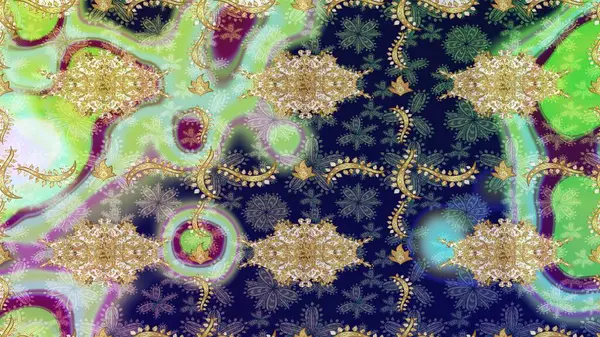 Süslü dekorasyon. Damask altın soyut çiçek deseni nötr renklerde. Raster illüstrasyonu.