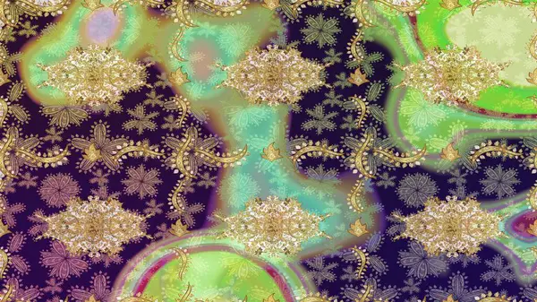 Damask çizimi tekrarlanıyor. Barok tarzında altın çiçekli süs. Tarafsız renklerde altın element. Doku arkaplanı üzerine altın duvar kağıdı.