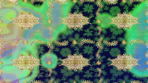 Damask arkaplanı. Barok tarzında altın çiçekli süs. Yeşil renkte altın bir element. Altın çiçekli çizim şekli.