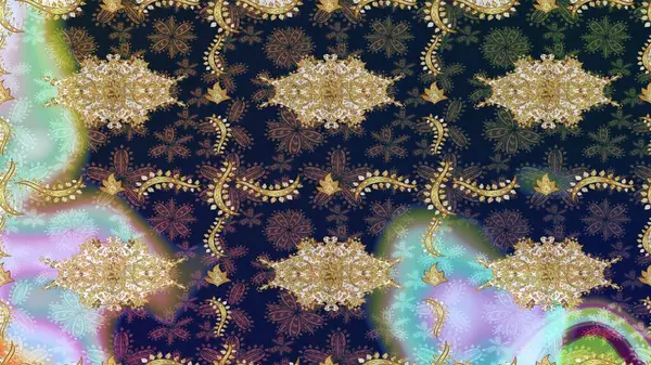 Altın elementlerle mavi renklerde altın desen. Raster oryantal süs. Altın deseni çiz.