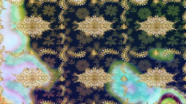 Altın elementli mavi renklerde altın eskiz deseni. Tekrarlayan elementlerle soyut arkaplan oluşturun. Raster illüstrasyonu. Sketch damask klasik altın desen.