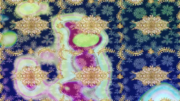 Raster eskiz deseni, altın antika ortaçağ dekoratifi, yapraklar ve mavi renklerde altın desenli süslemeler. Kraliyet lüksü, altın barok kumaş rengi..