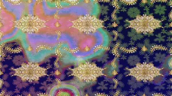 Damask çizim kalıbı arka planı tekrarlıyor. Mavi renklerdeki altın element. Barok tarzında altın çiçek süsü. Antika altın tekrarlanabilir duvar kağıdı.