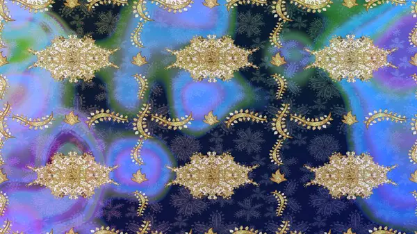 Raster illüstrasyonu. Doğu tarzı arabesk. Raster altın desen. Altın elementli mavi renkler. Altın desenli bukleler çiz.