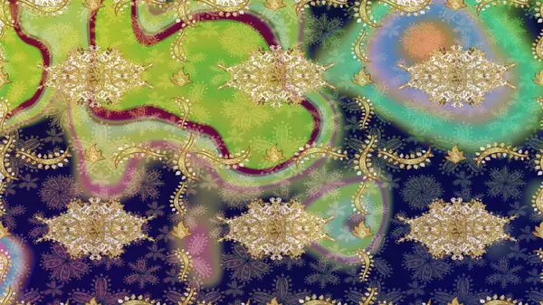 Damask arkaplanı. Yeşil renkte altın bir element. Altın çiçekli eskiz deseni. Barok tarzında altın çiçekli süs..