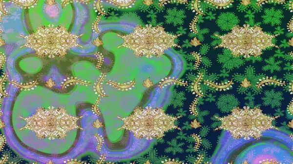 Paisley 'ler zarif çiçek desenli eskiz arka plan duvar kâğıdı çizimi klasik tarz, modern 3D çizgili sanat eseri altın ve yeşil desenli çiçek yaprakları ve süslemeleri..