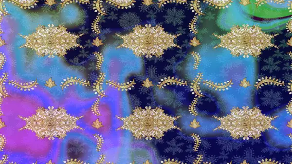 Damask eskiz süsü. Klasik oryantal desen mavi renkten üstündür. Geleneksel raster ve altın desen.