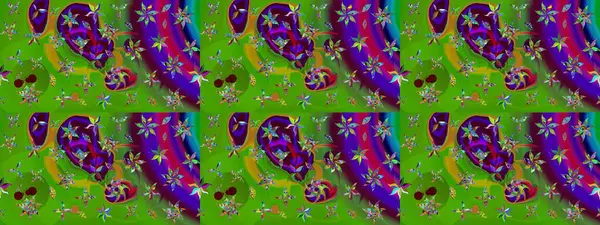 Raster Çiçek İllüstrasyonu 'nun şirin tekstili. Yeşil renkli etnik çiçeklerle zarif eskiz deseni.
